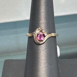 10k Yellow Gold, Teardrop shaped, pink sapphire & diamond ring.